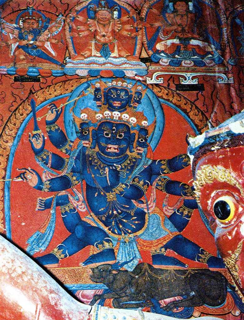 Tibet Guge 06 Tsaparang White Temple 04 01 Yamantaka Above Hayagrivas outstretched right arm is a beautiful painting of Yamantaka with six heads, hands and feet, riding on the back of a buffalo. Photo - Aschoff: Tsaparang - Knigsstadt in Westtibet (1997).